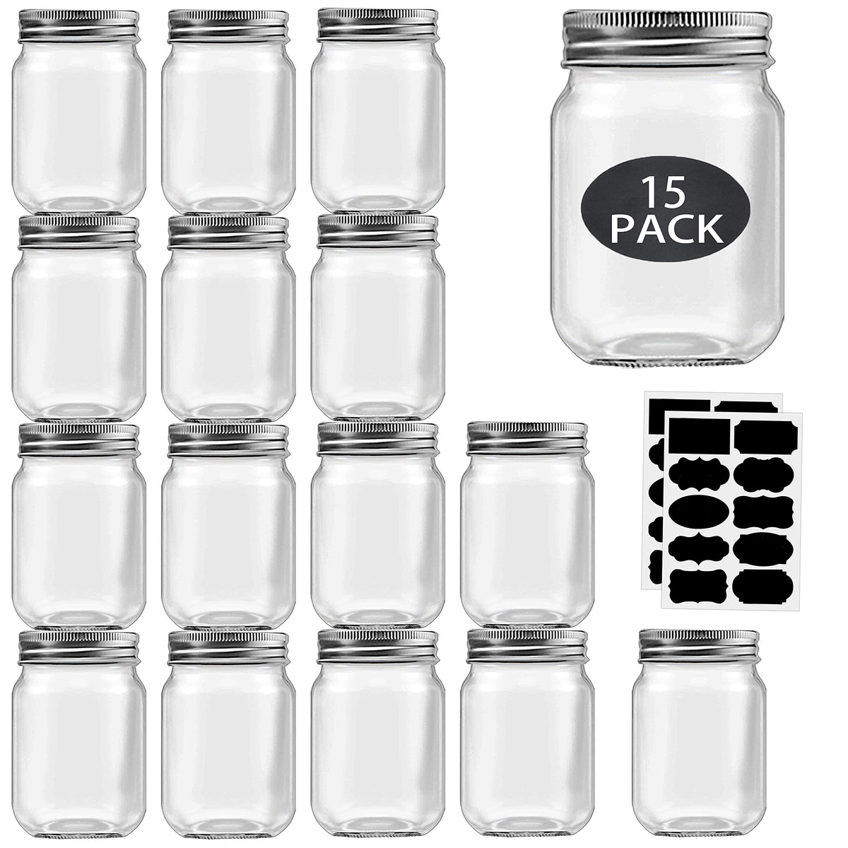 16 oz Mason Jars with Silver Lids 15 Pack A235