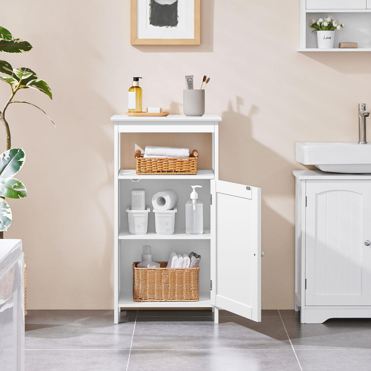 White Bathroom Storage Cabinet with Door & Open Shelf V78299