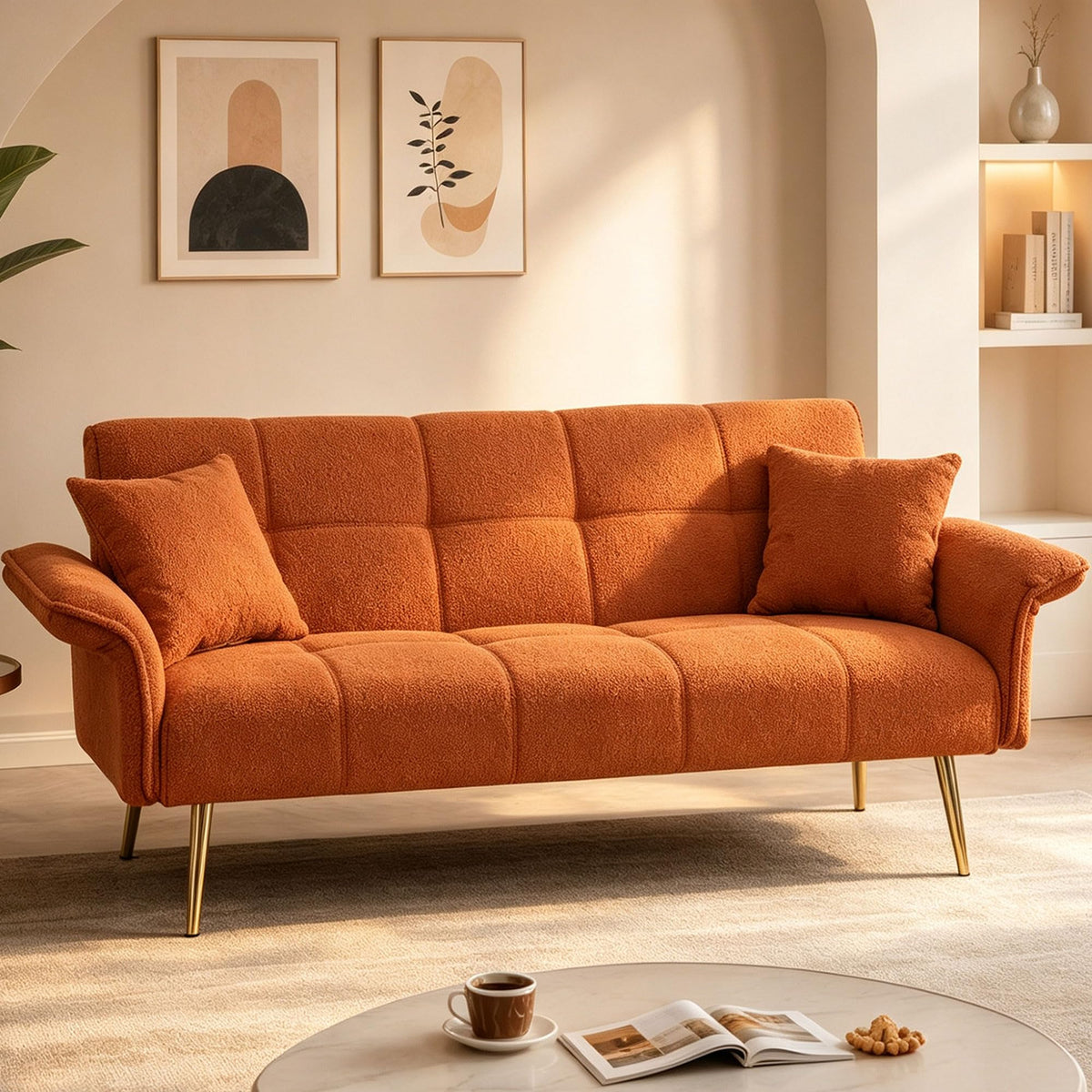 Orange Velvet 2 Seater Futon Sofa Bed C435