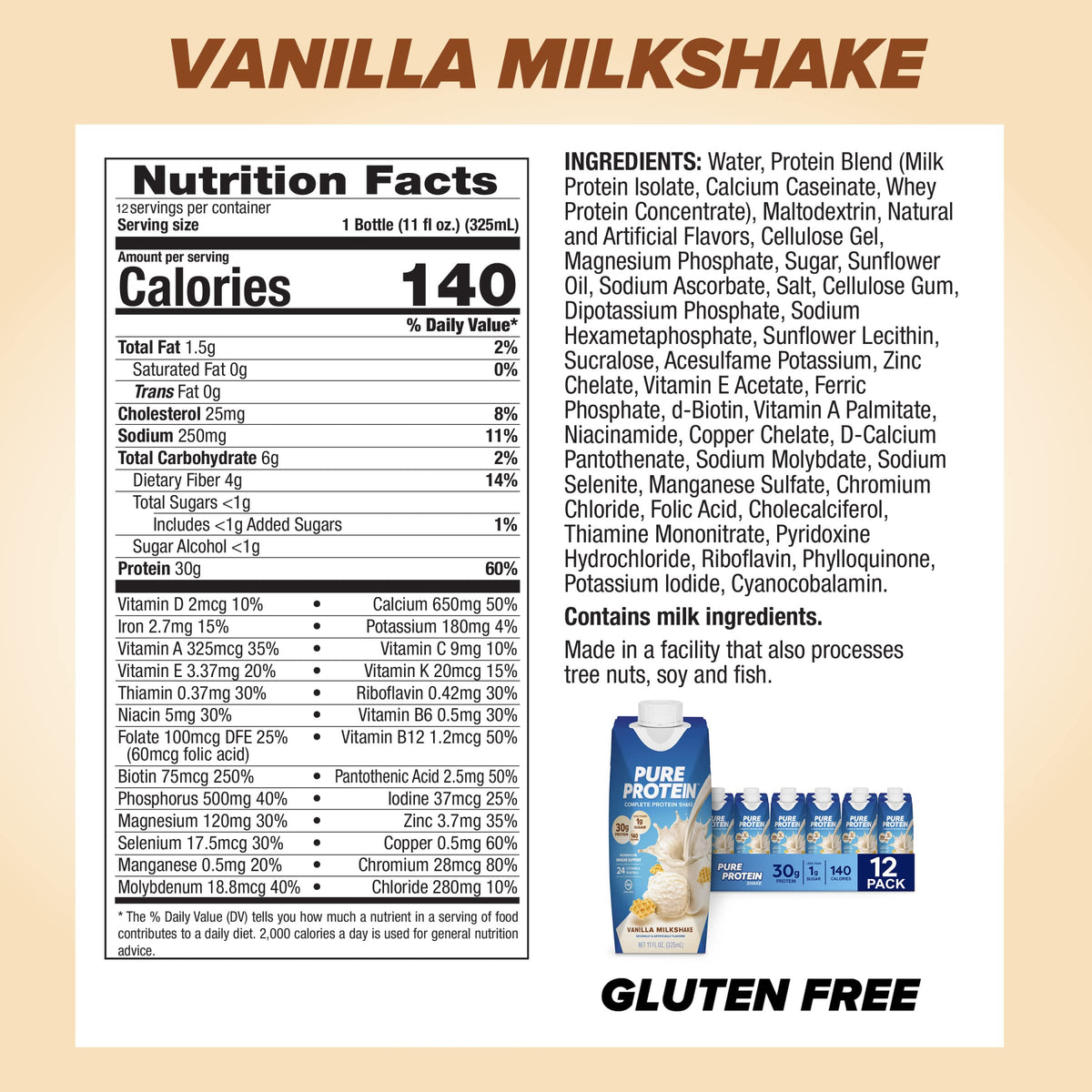 Vanilla Protein Shake, 30g Protein, Vitamins A, C, D, E, Zinc G222
