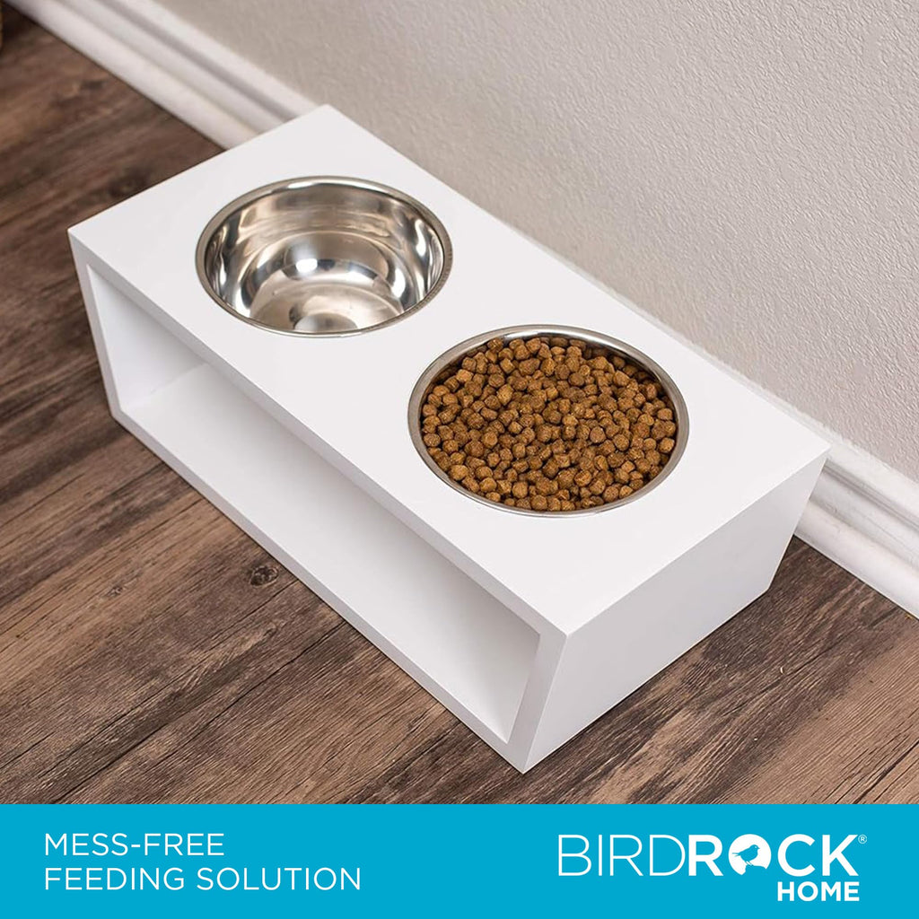 White Double Raised Pet Feeder with Stainless Steel Bowls R362