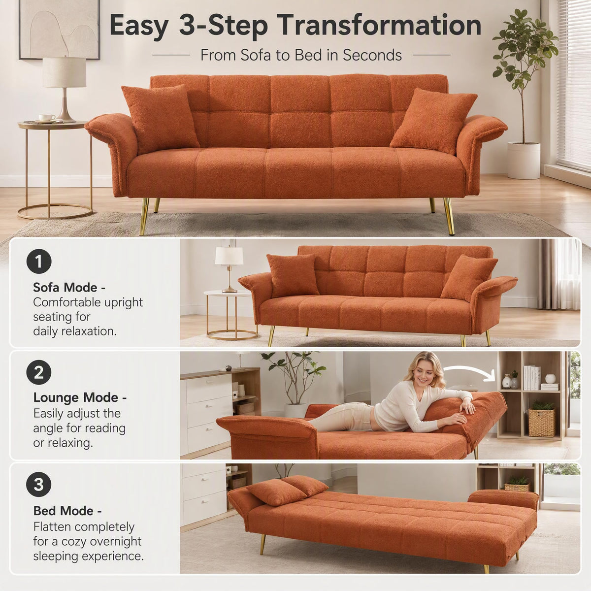 Orange Velvet 2 Seater Futon Sofa Bed C435