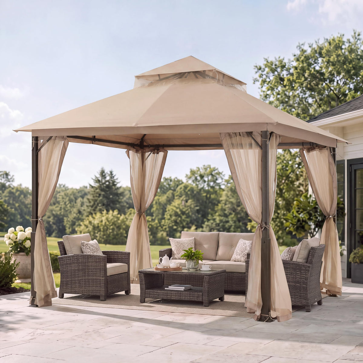 Khaki 9x9 Outdoor Patio Gazebo with Mosquito Netting E225