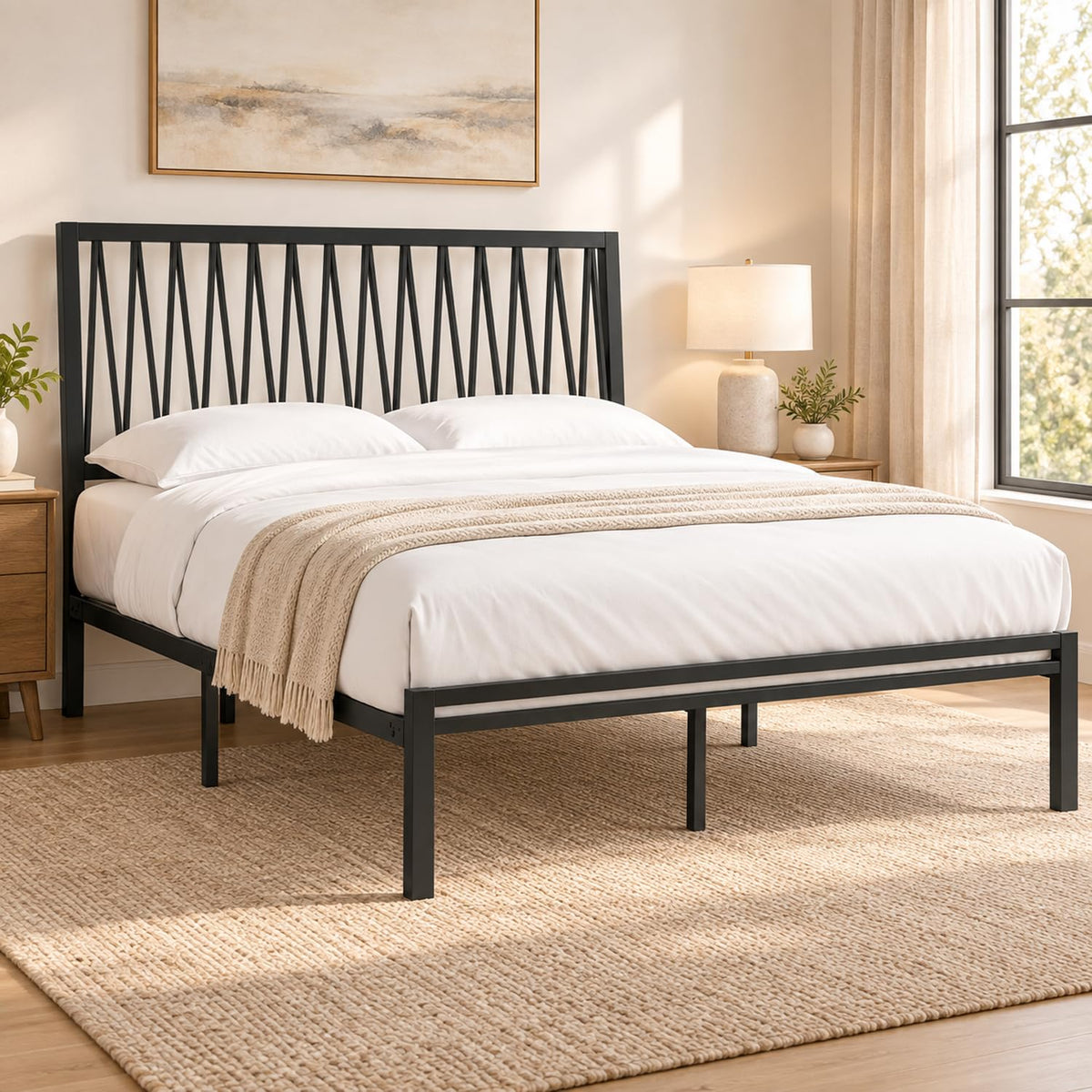 Black Metal Queen Bed Frame with Geometric Headboard J203744