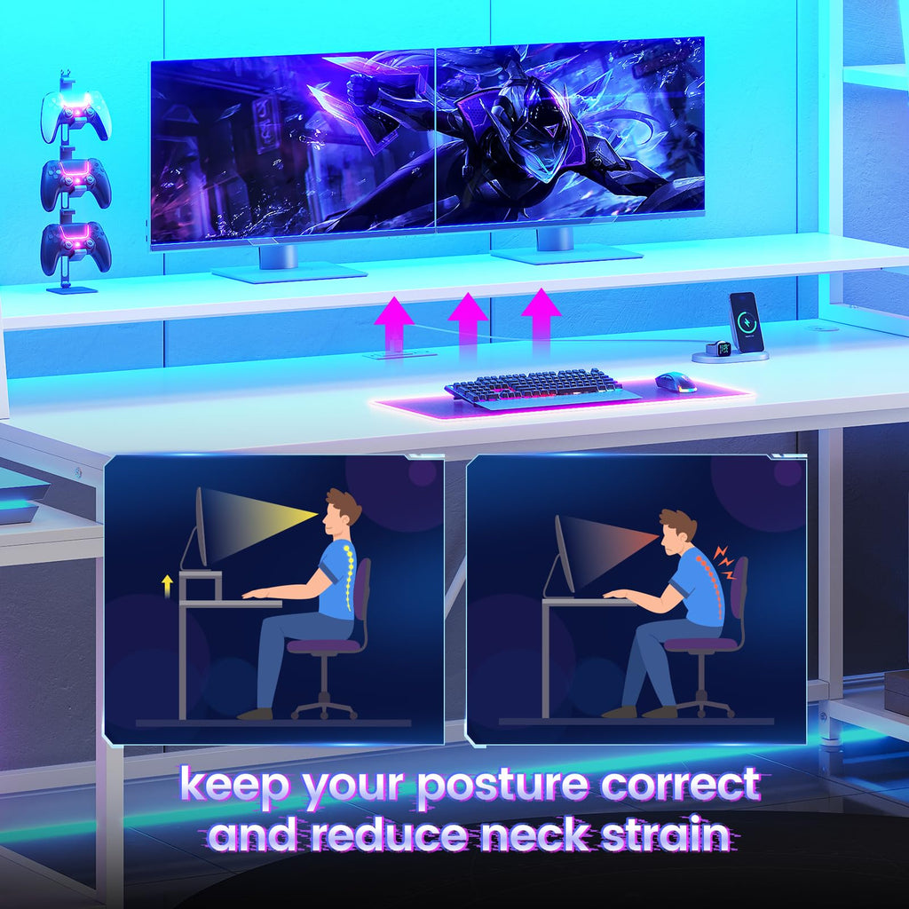 79'' White Gaming Desk with LED Lights and Storage Shelves C4410