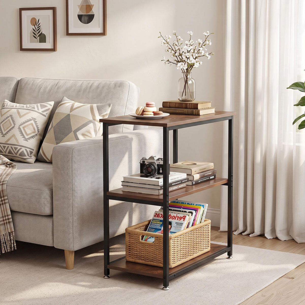 Tall End Side Table with 3-Tier Storage Shelf M8808