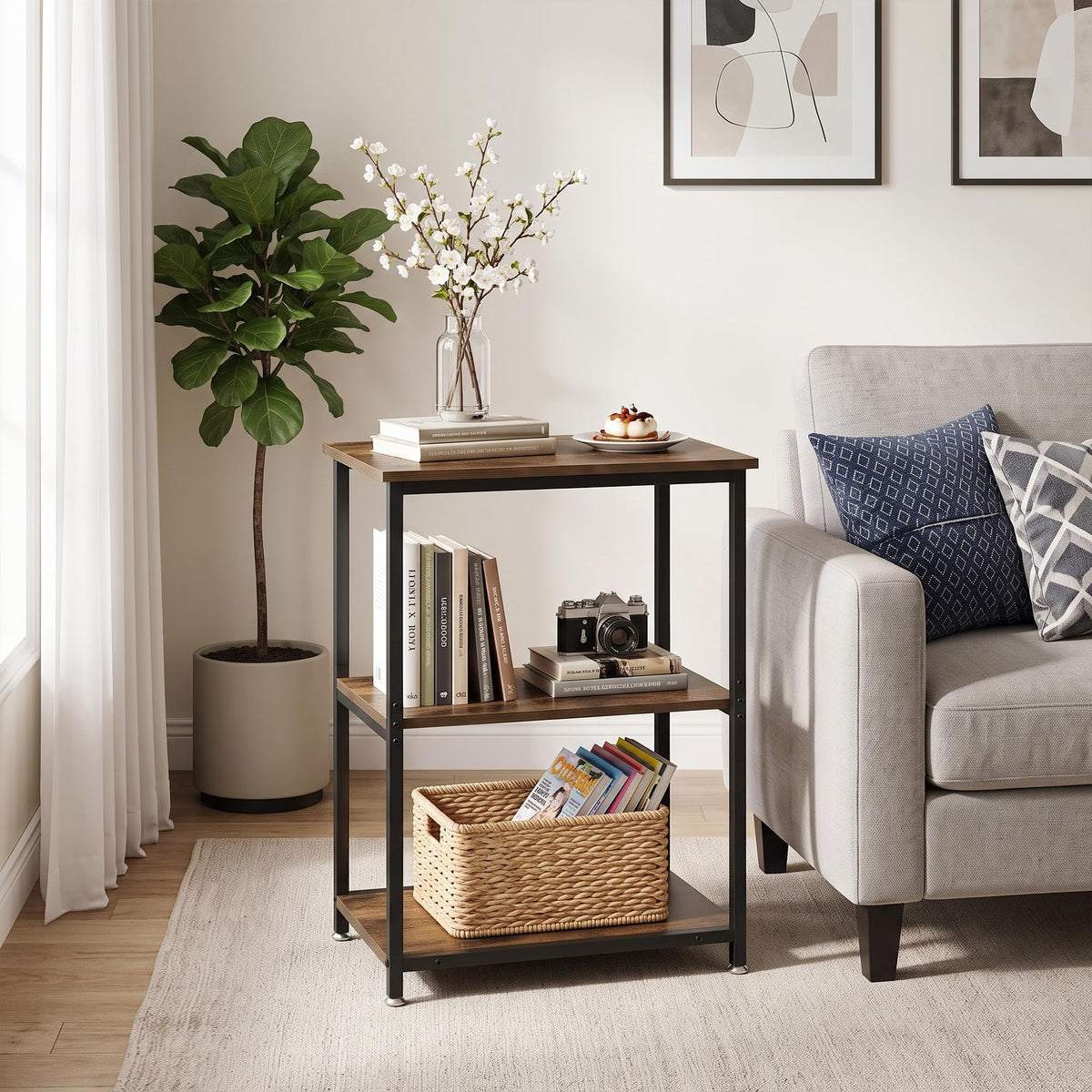 Tall End Side Table with 3-Tier Storage Shelf M8808