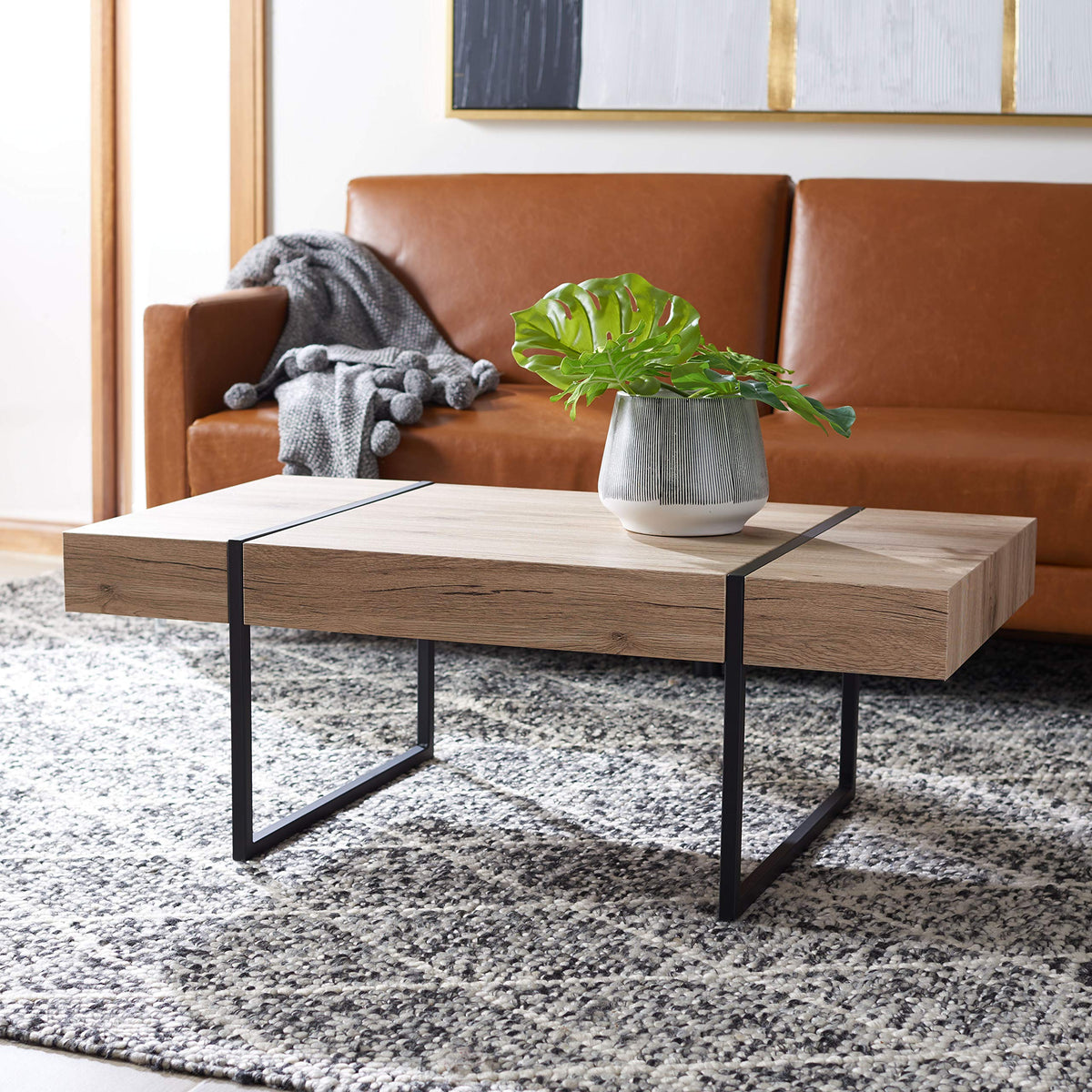 Rectangular Wood Top Black Metal Base Coffee Table E965