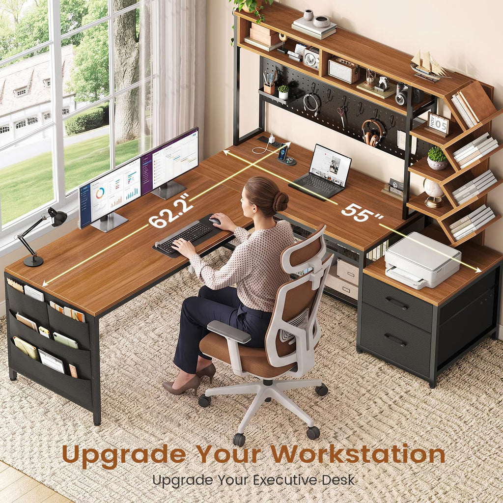 L Shaped Office Desk with Drawers and Hutch J909