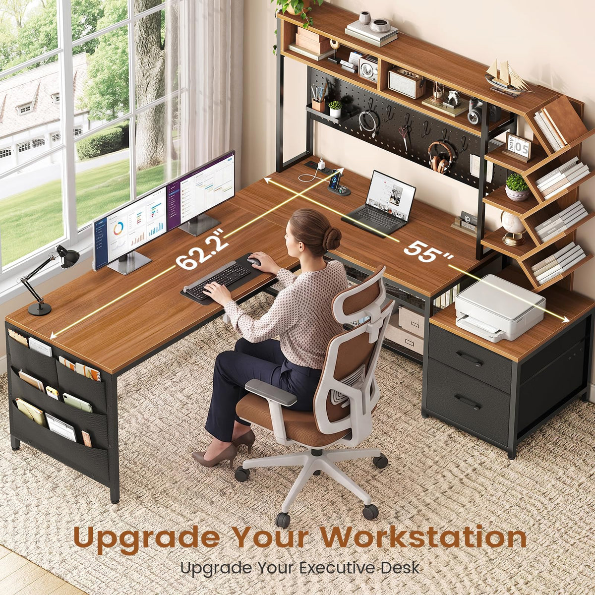 L Shaped Office Desk with Drawers and Hutch J909